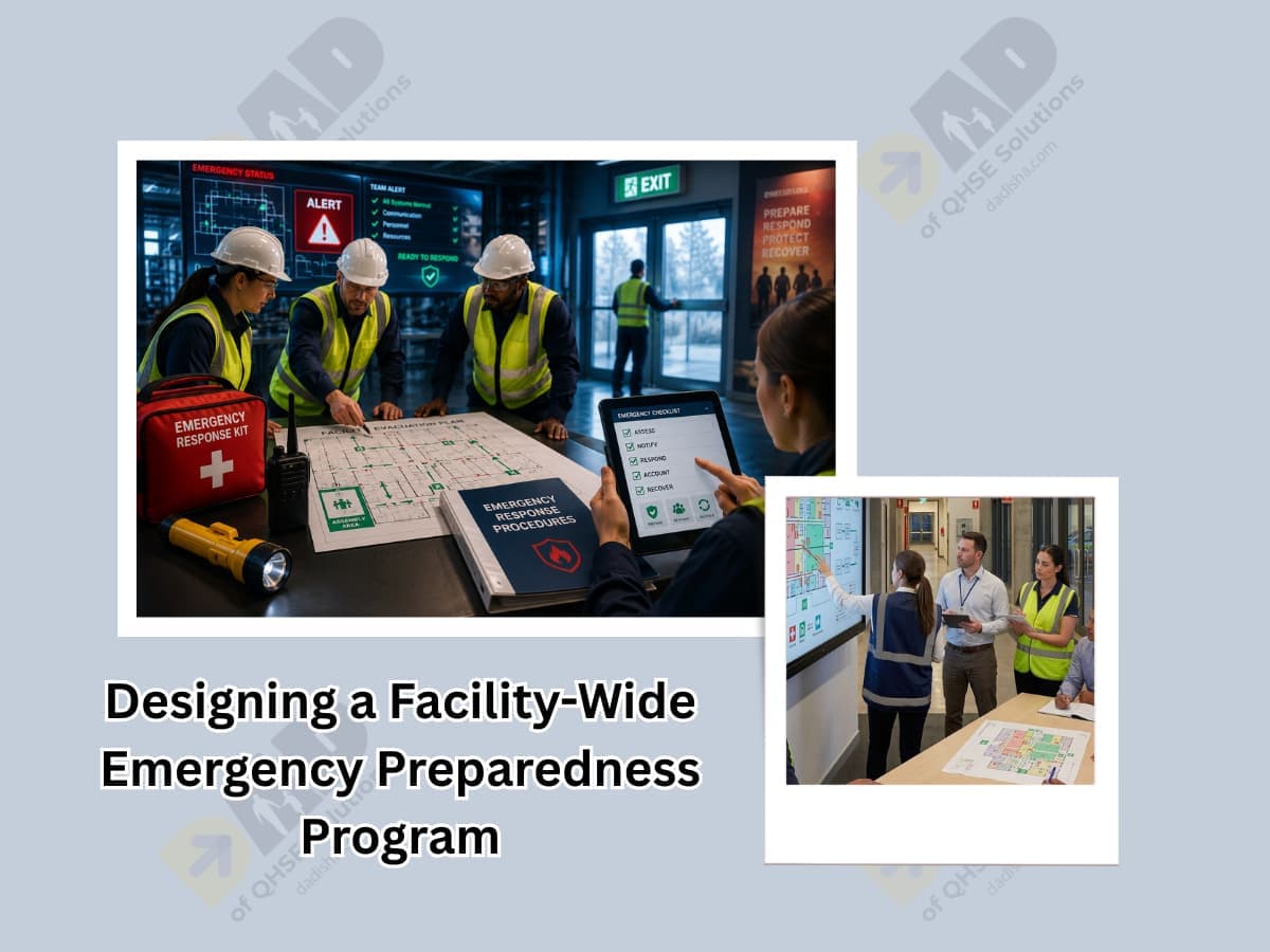 Industrial emergency response setup with first aid kit and evacuation planning.