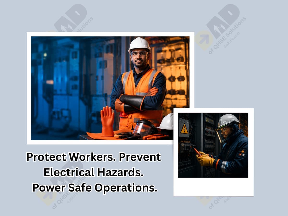 Insulated electrical safety equipment banner with PPE, insulated tools, and lockout devices.