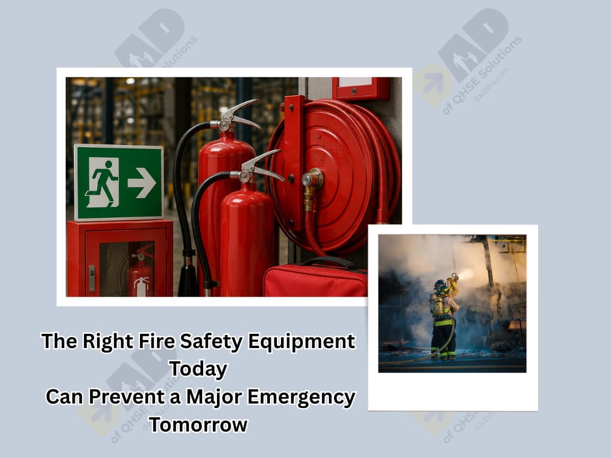 Essential fire safety equipment for factories including extinguishers, hose reel, and first aid kit